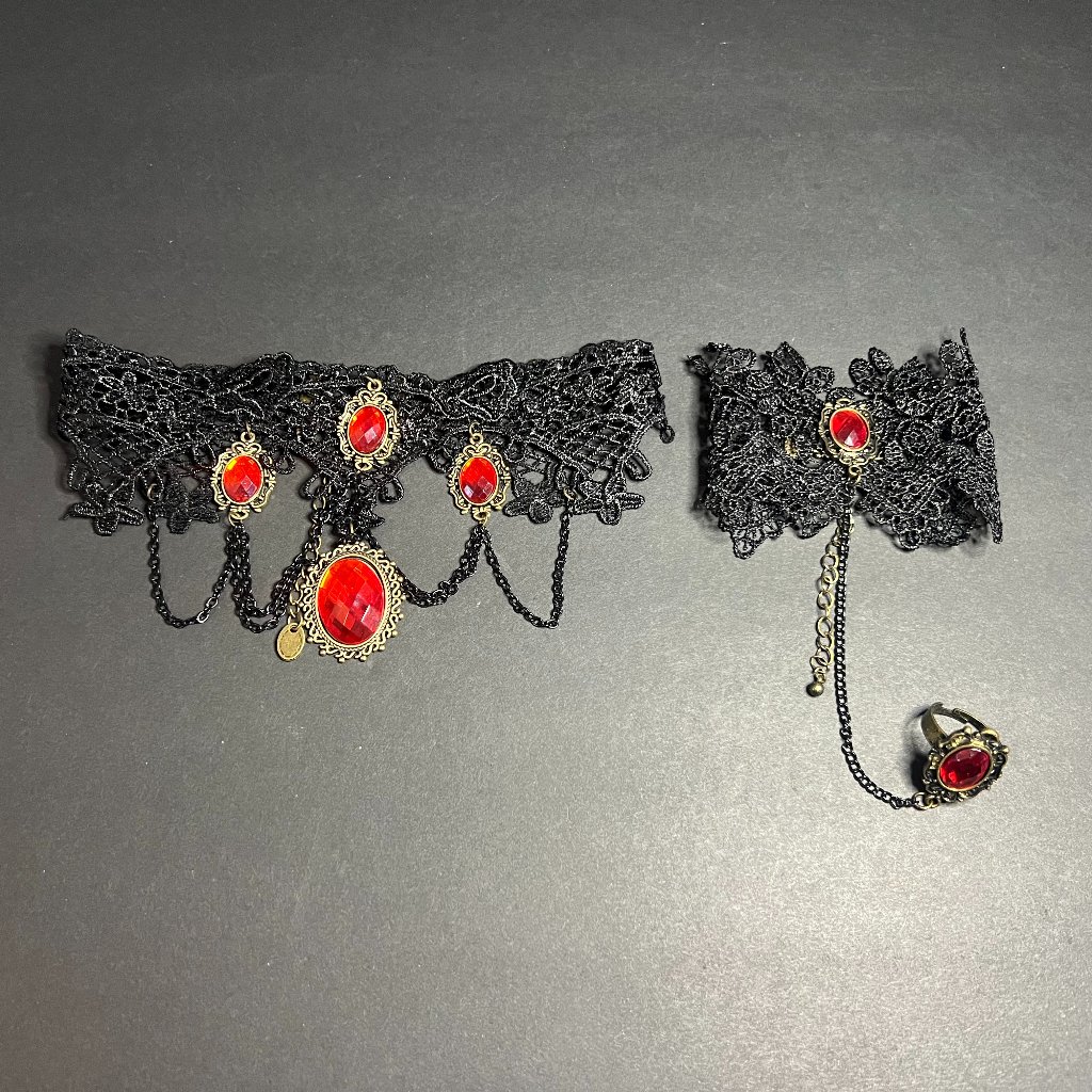 Spirit Halloween Gothic Vampire Black Lace Choker & Bracelet W/ Ring Accessory